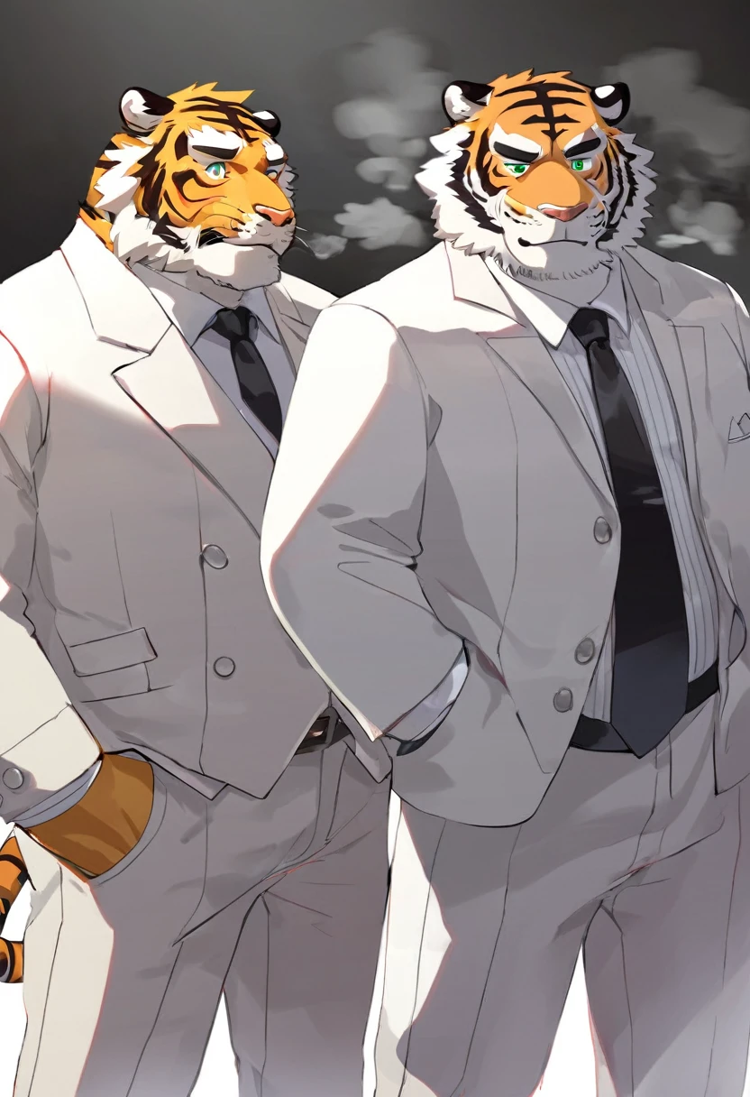 Tiger，personification，Mature male，Bad Uncle，A frivolous drinker，Cold expression，Green pupils，Black eyebrows，White suit suit，Hands in pockets，The Age of Steam，Lively bar。