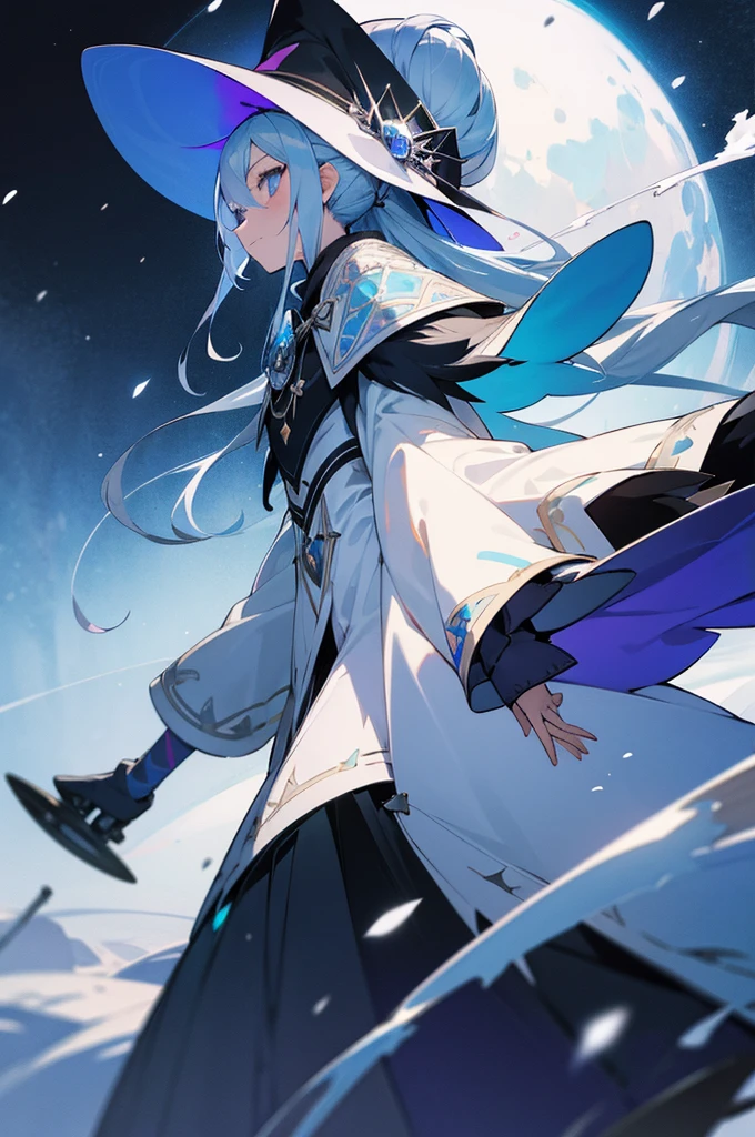 best qualityer,tmasterpiece,Ultimate resolution,downy,Extremely colorful,Colorful,The Witch,Long silver-blue hair,hair-bun,a matural female,Witch robeagic Hat,sceptre,snow country,Lost snow,Normal posture