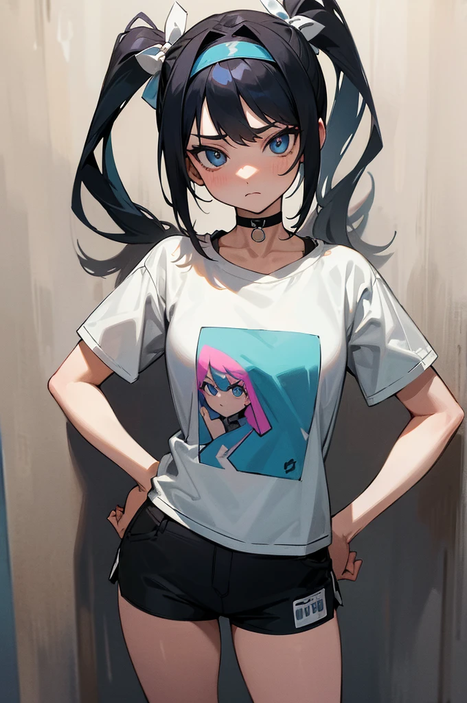 (absurdres, 8k, 4k, masterpiece, hyper extreme detailed:1.2), solo, front view portrait, best quality, portrait, solo, adult, cowboyshot, perfect anatomy, 1girl, perfect face, expressive eyes, perfect eyes, t-shirt, standing up, standing against wall, chabashira tenko, twintails, hair ribbon, hairband, choker, streetwear, graphic t-shirt, jacket, black shorts, hands on hips,