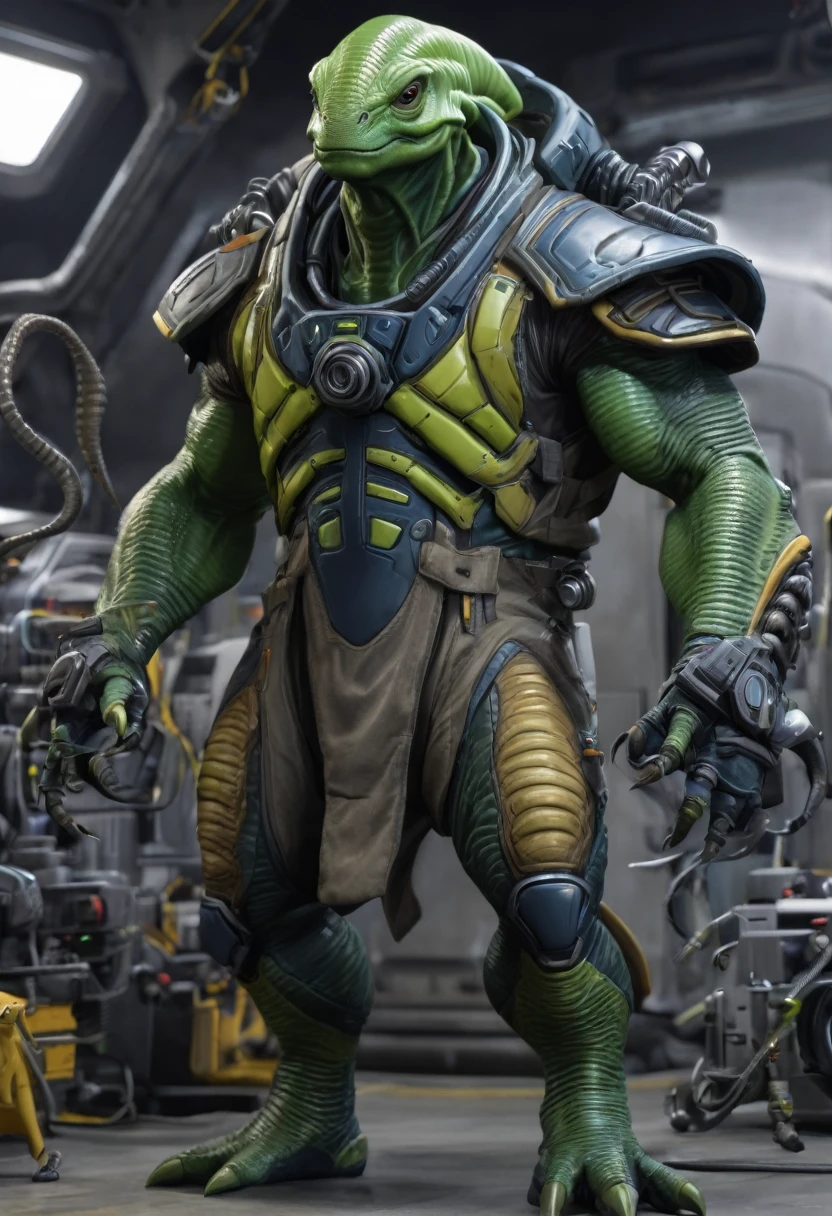 Grox (Engineer):
- Alien species, reptilian features
- Stocky build, scaly green skin
- Four arms, bald head with ridges
- Wears heavy-duty work overalls with various tools attached