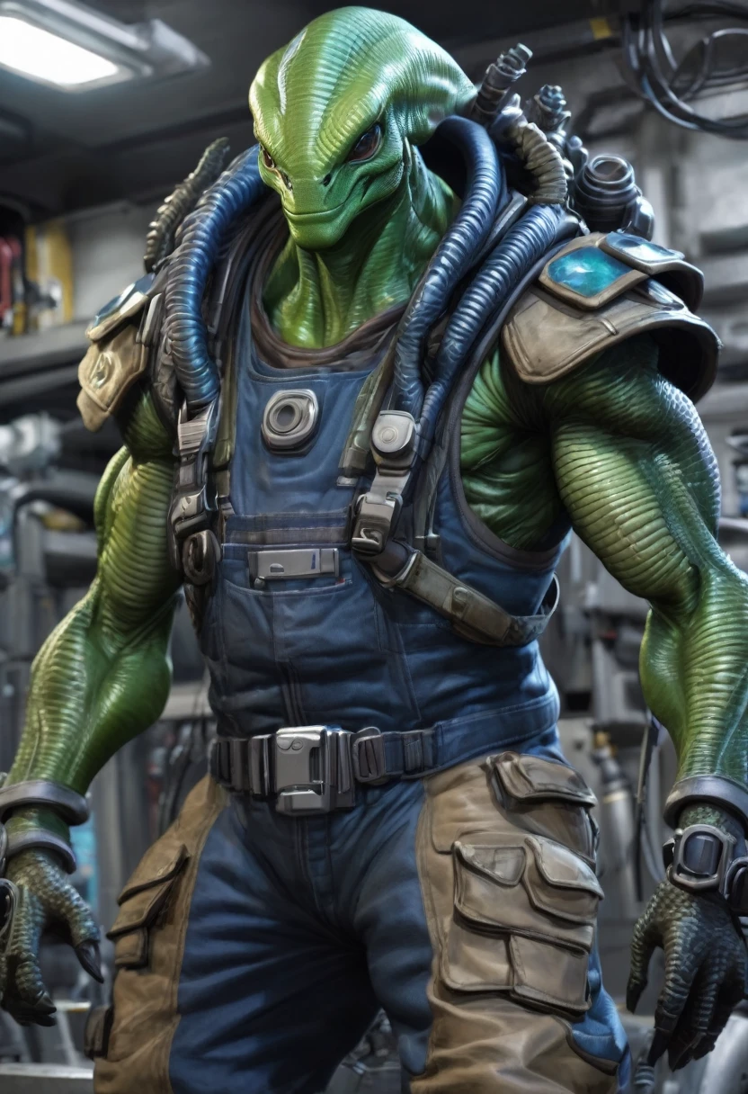 Grox (Engineer):
   - Alien species, reptilian features
   - Stocky build, scaly green skin
   - Four arms, bald head with ridges
   - Wears heavy-duty work overalls with various tools attached
