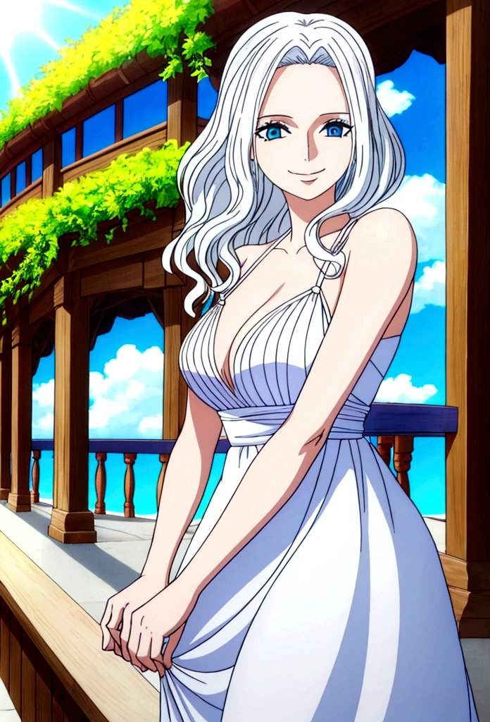 Woman (45 years old), platinum white wavy hair, blue eyes, wearing sun dress, smiling in a sunny day and Edward Newgate