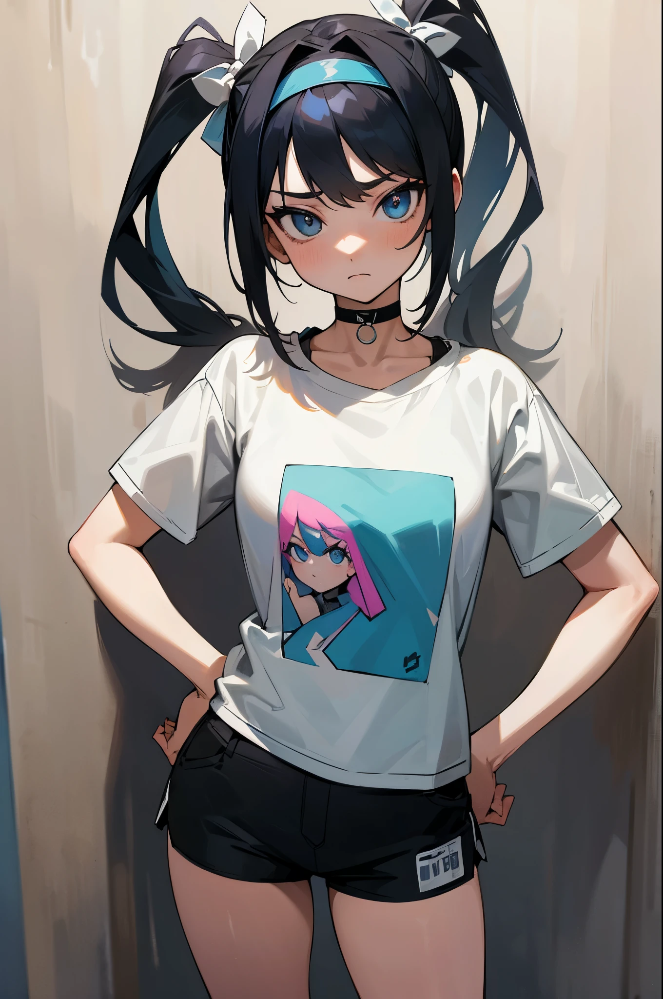 (absurdres, 8k, 4k, masterpiece, hyper extreme detailed:1.2), solo, front view portrait, best quality, portrait, solo, adult, cowboyshot, perfect anatomy, 1girl, perfect face, expressive eyes, perfect eyes, t-shirt, standing up, standing against wall, chabashira tenko, twintails, hair ribbon, hairband, choker, streetwear, graphic t-shirt, jacket, black shorts, hands on hips,
