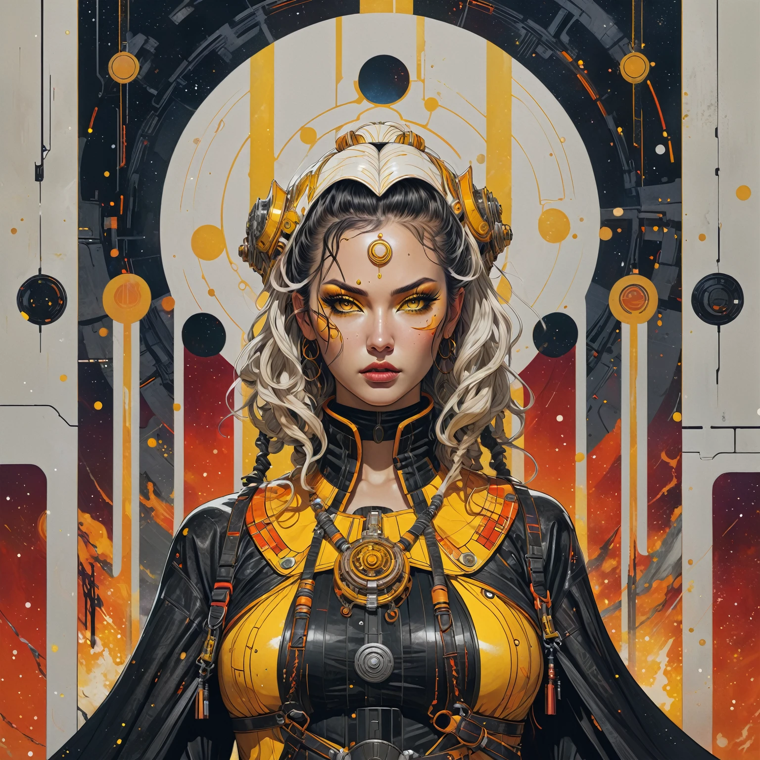bdsm, collar cyberpunk Samurai jacket, (female, yellow skin:1.74), Large linen cape, (nice face, very angry:1.3), (bdsm harness, tight huge massive firm breasts:1.5), surrounded by a detailed spacescape with translucent dark-amber Highlights, (black neon, emissive), (yellow particules, hyper-detailed,:1.2) sharp, high resolution, high quality, 32K, Ultra realistic, HD, super detailed, line art, abstract style, (full body, shinny, wavy hair:1.2), (star wars inquisitor:1.3), (circle hard powerful black white orange red hard fire neon:1.2)