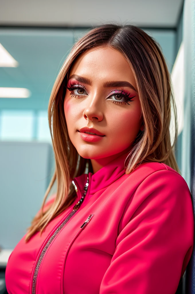 masterpiece, intricate detailed 8k raw photo, volumetric lighting, best cinematic quality, photo of rgmply woman in jumpsuit, portrait, makeup, perfect nails, office background, extreme closeup