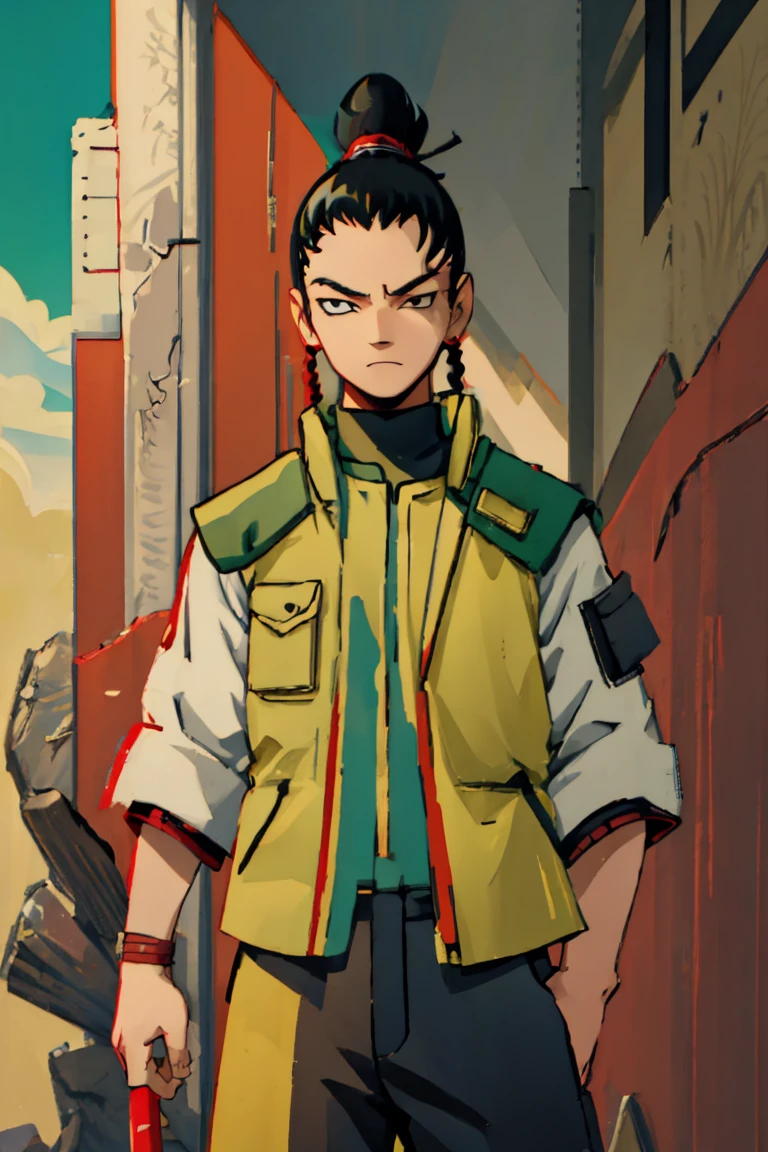 Shikamaru with a samurai clothing preferably with colors like red, black and white details, that your hairstyle be tied hair if possible braids, let everything have a 2d animated scott pilgrim style