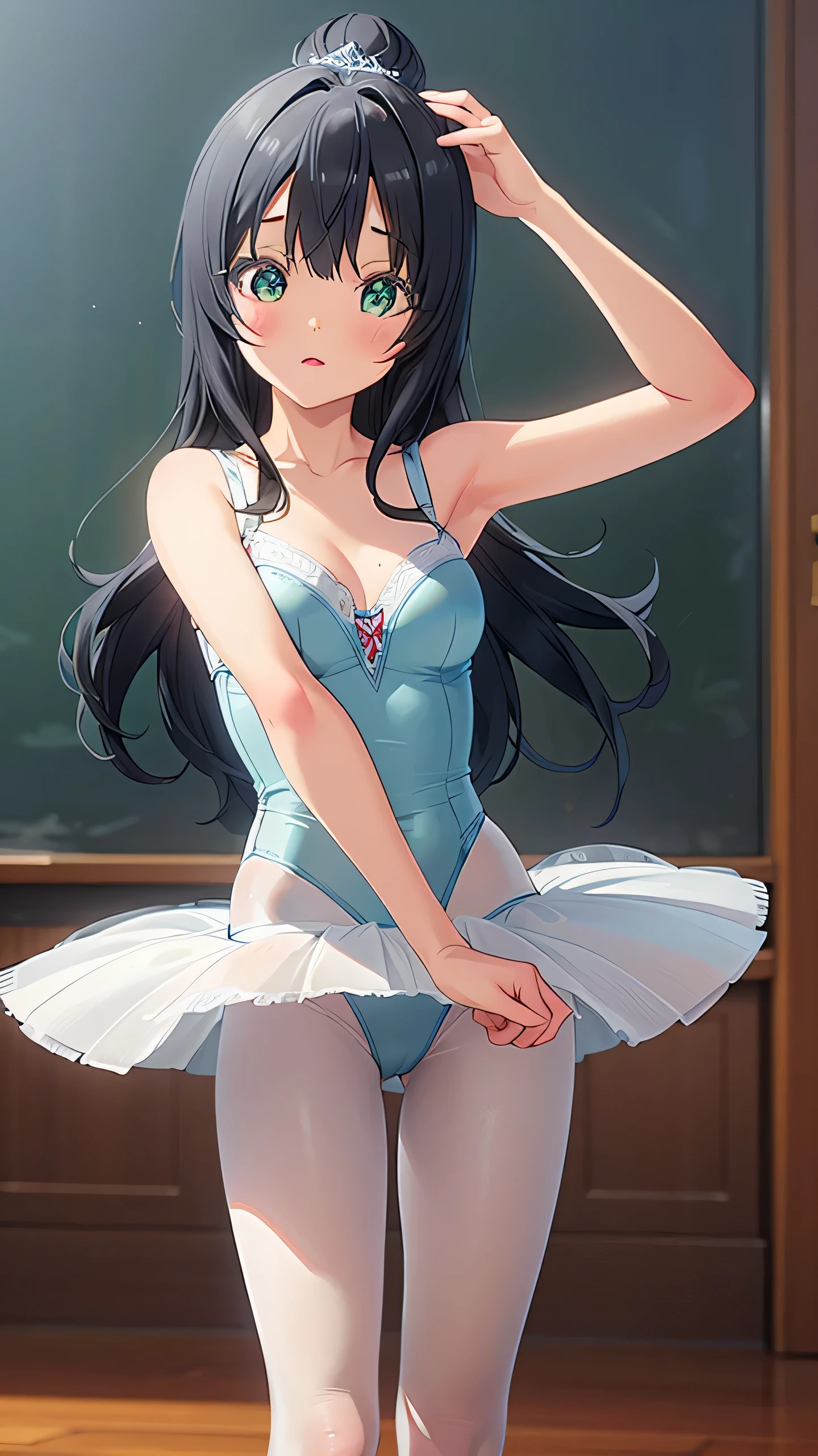 masterpiece, best quality, highly detailed, ultra high res, shizuka yoshimoto, 1girl, solo, hair ornament, black hair, hair in a bun, bangs, glossy lips, medium breasts, aqua eyes, school, ballerina, white pantyhose, tutu