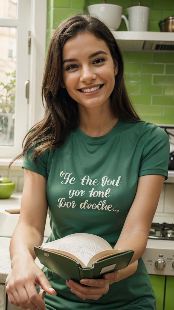 smiling person reading a motivational quote in a green kitchen