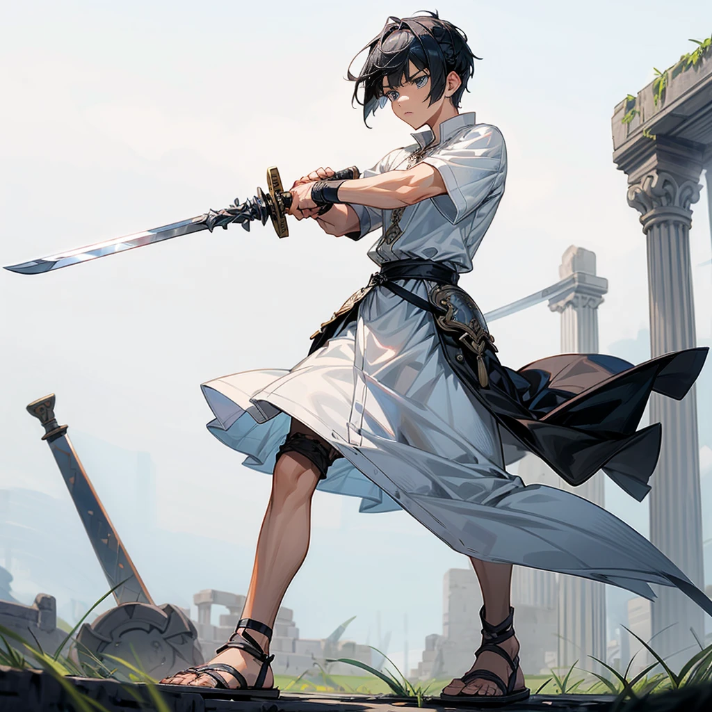 1boys, Full body version, blue eyes, undercut hair, black colour hair, very angry expression, white tunic Ancient Roman clothing, short sleeve shirt, gladiator skirt, gladiator armor, gladiator sandals, Spatha sword in hand, war gesture, Grassroots background 