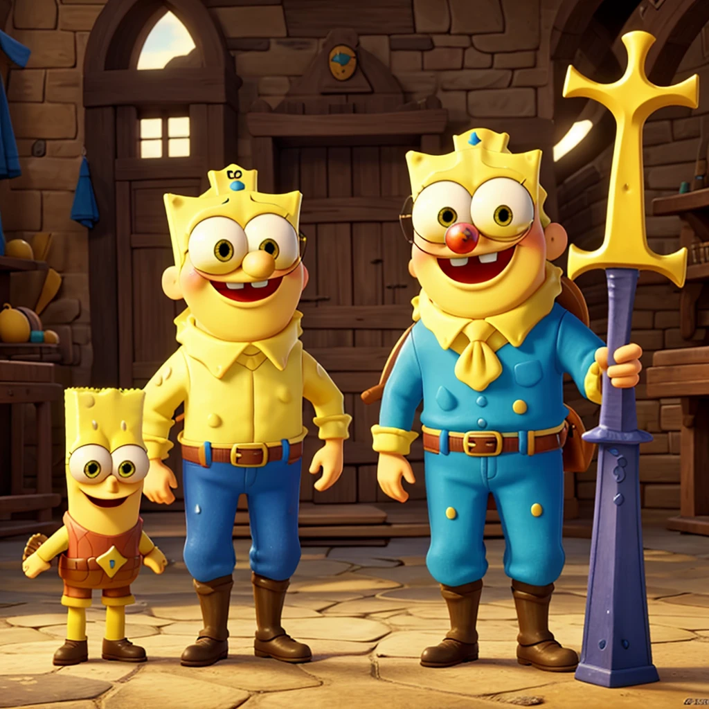 SpongeBob and Patrick dressed in medieval armor and sword 