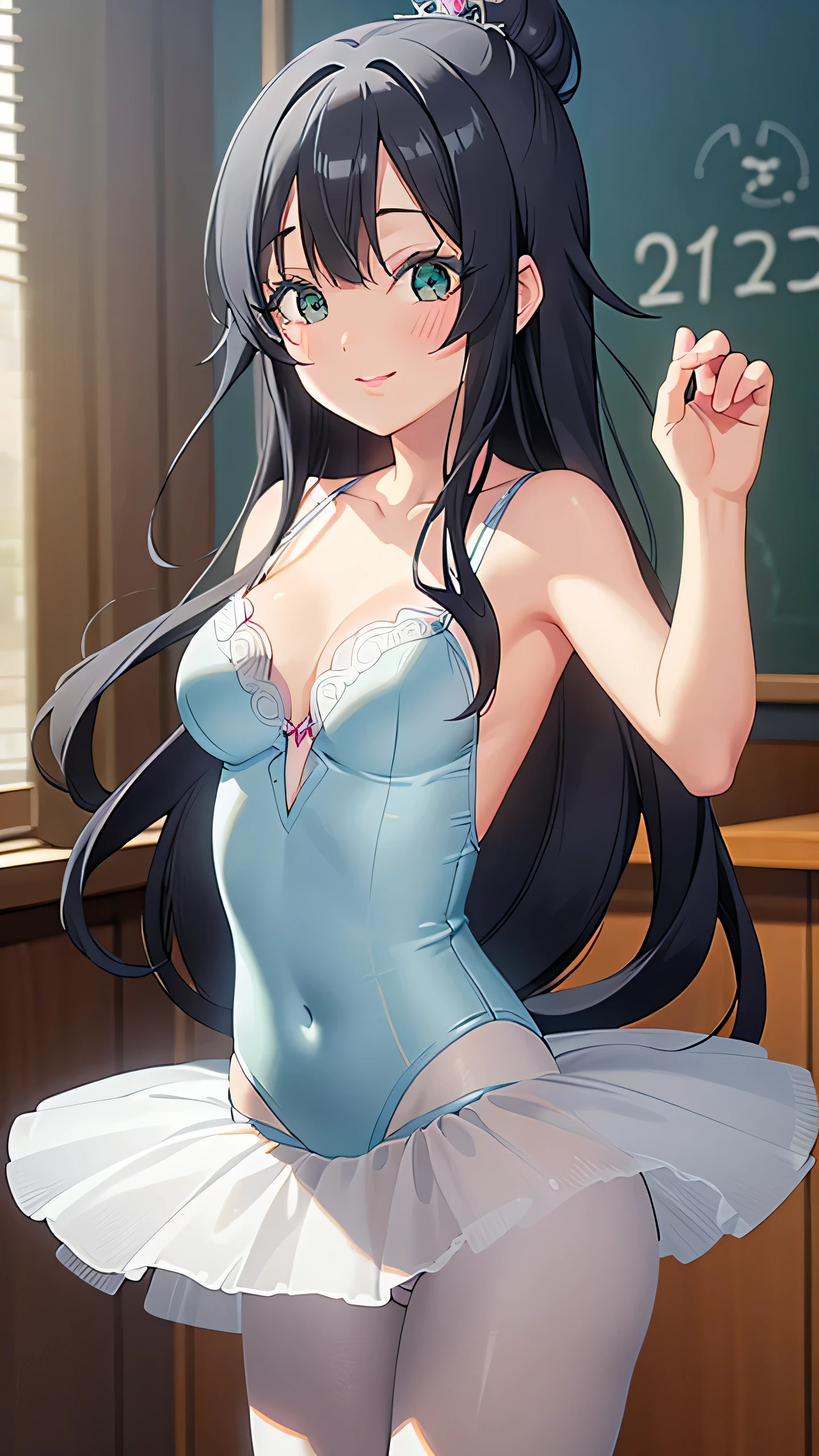 masterpiece, best quality, highly detailed, ultra high res, shizuka yoshimoto, 1girl, solo, hair ornament, black hair, very long hair, hair in a bun, bangs, glossy lips, medium breasts, aqua eyes, school, ballerina, white pantyhose, tutu, nervous smile