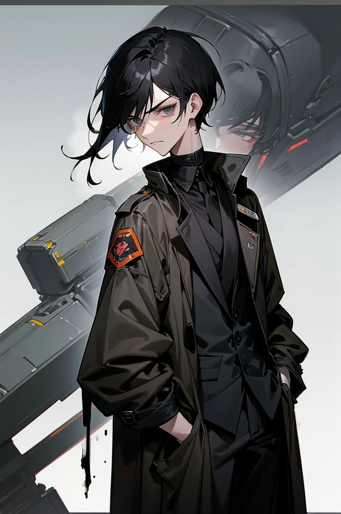 male, 20 years old, portrait, jet black hair, messy bad haircut, dark eyeshadow, short, bad posture, open black trench coat, mech pilot, pilot suit underneath coat, frowning, science fiction, pale skin, both hands in pocket, pathetic, ugly, short hair, black old hat, ((dirty clothes)), (tattered clothes)
