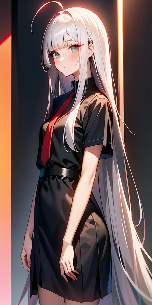 Anime girl with deep gray hair, glossy hair, long straight hair|detailed hair|long hair|blunt bangs|Long bold side bang|ahoge|long straight cutted hair,)))),Slender, beautiful hair,beautiful eyes, heterochromia , red right eye, gray left eye, in red tie, shy blush, pretty, small satchel, cyberpunk, hime hairstyle