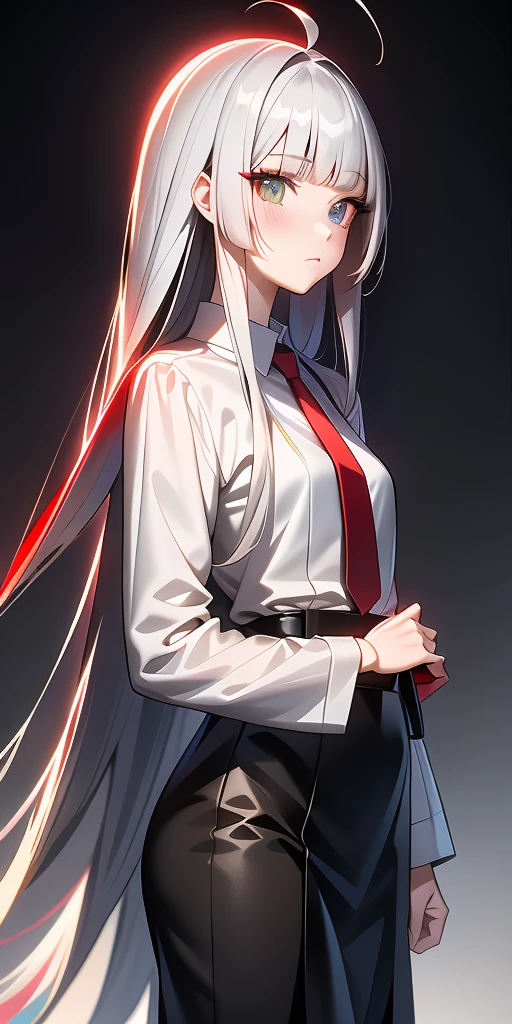 Anime girl with deep gray hair, glossy hair, long straight hair|detailed hair|long hair|blunt bangs|Long bold side bang|ahoge|long straight cutted hair,)))),Slender, beautiful hair,beautiful eyes, heterochromia , red right eye, gray left eye, in red tie, shy blush, pretty, small satchel, cyberpunk, hime hairstyle