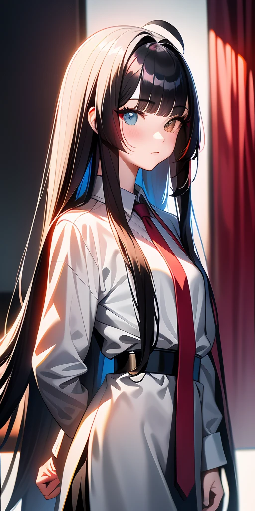 Anime girl with deep gray hair, glossy hair, long straight hair|detailed hair|long hair|blunt bangs|Long bold side bang|ahoge|long straight cutted hair,)))),Slender, beautiful hair,beautiful eyes, heterochromia , red right eye, gray left eye, in red tie, shy blush, pretty, small satchel, cyberpunk, hime hairstyle