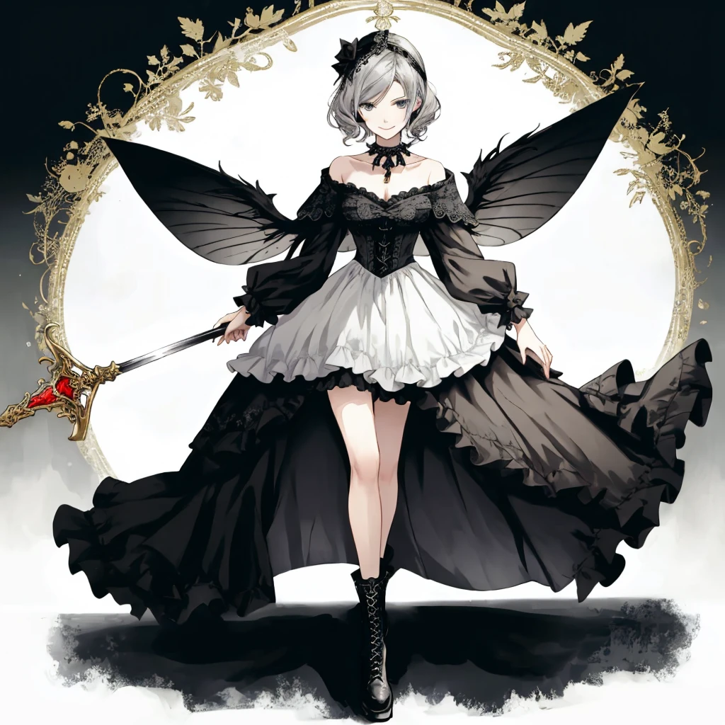  ((best quality)), ((masterpiece)), (detailed), 1girl, Character design, female, dynamic poses, long white grey hair, grey white eyes, very skinny, detailed, best quality, no accesoires around the neck, prominent collarbones, skinny arms, full body, blank white background, plain background, white background, ((red and white clothing)), Bloodborne inspired, occult aesthetic, occult, detailed and intricate steampunk and detailed gothic, Very dramatic and cinematic lighting, cosmic horror, grim-dark, side-lighting, perfect face,  Fluttering lace flared long knee length dress with frilly petticoats, knee length dress, pleated petticoats, petticoats gothic, complex lace boots, side-lighting, gothic aesthetic, wielding a mighty sword with mechanical components, mandalas, small breasts, a fairy, various different types of insect wings,full body, whole body, white holy clothes,white holy clothes,((evil smile)),
