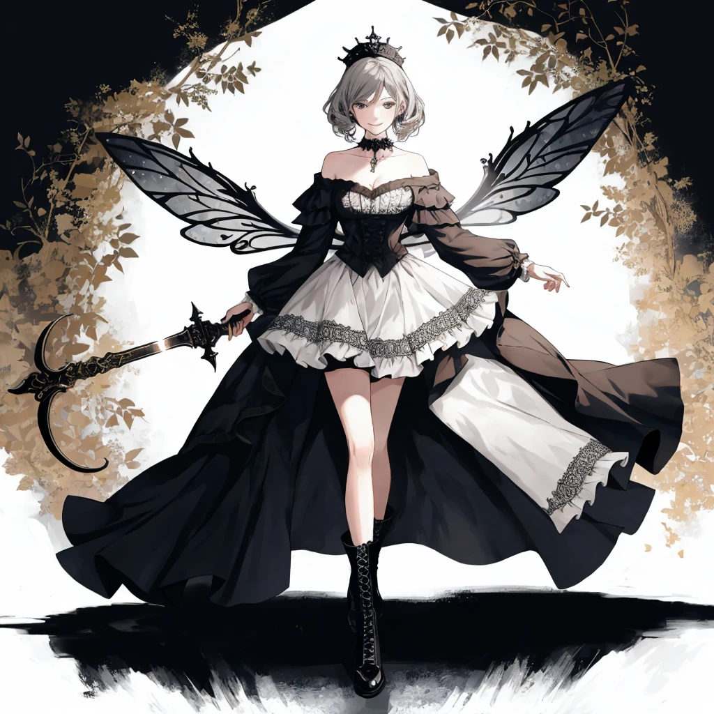  ((best quality)), ((masterpiece)), (detailed), 1girl, Character design, female, dynamic poses, long white grey hair, grey white eyes, very skinny, detailed, best quality, no accesoires around the neck, prominent collarbones, skinny arms, full body, blank white background, plain background, white background, ((red and white clothing)), Bloodborne inspired, occult aesthetic, occult, detailed and intricate steampunk and detailed gothic, Very dramatic and cinematic lighting, cosmic horror, grim-dark, side-lighting, perfect face,  Fluttering lace flared long knee length dress with frilly petticoats, knee length dress, pleated petticoats, petticoats gothic, complex lace boots, side-lighting, gothic aesthetic, wielding a mighty sword with mechanical components, mandalas, small breasts, a fairy, various different types of insect wings,full body, whole body, white holy clothes,white holy clothes,((evil smile)),