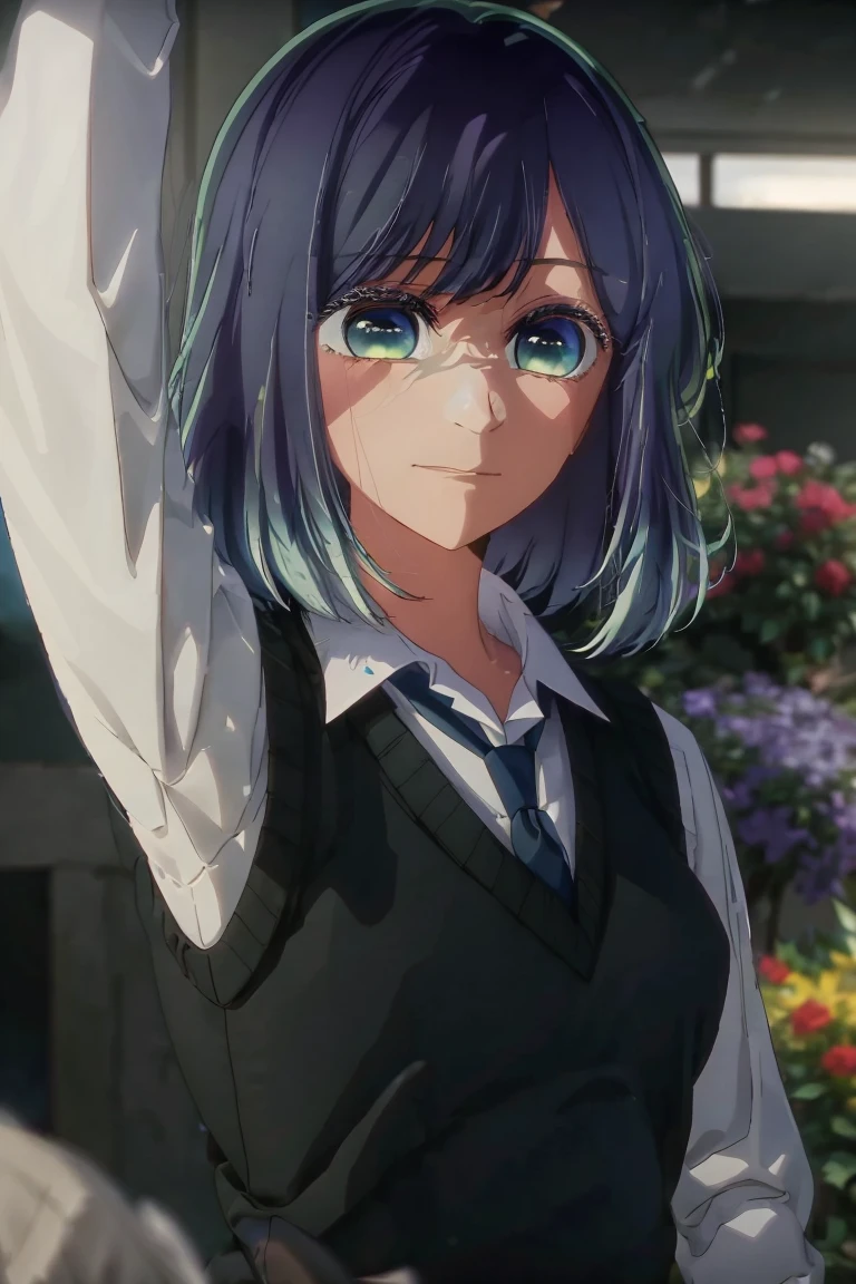 best quality, masterpiece, 1 girl, alone, detailed eyes, calm expression, reassured, tie, shirt, blue tie, blue hair, white shirt, long sleeves, looking at viewer, medium hair, collared shirt, vest, indoors , , bangs, vest, closed mouth, smile, green eyes, multicolored hair, black vest, short hair, faded hair, blue eyes, skirt, sunset, in a flower park, open park
