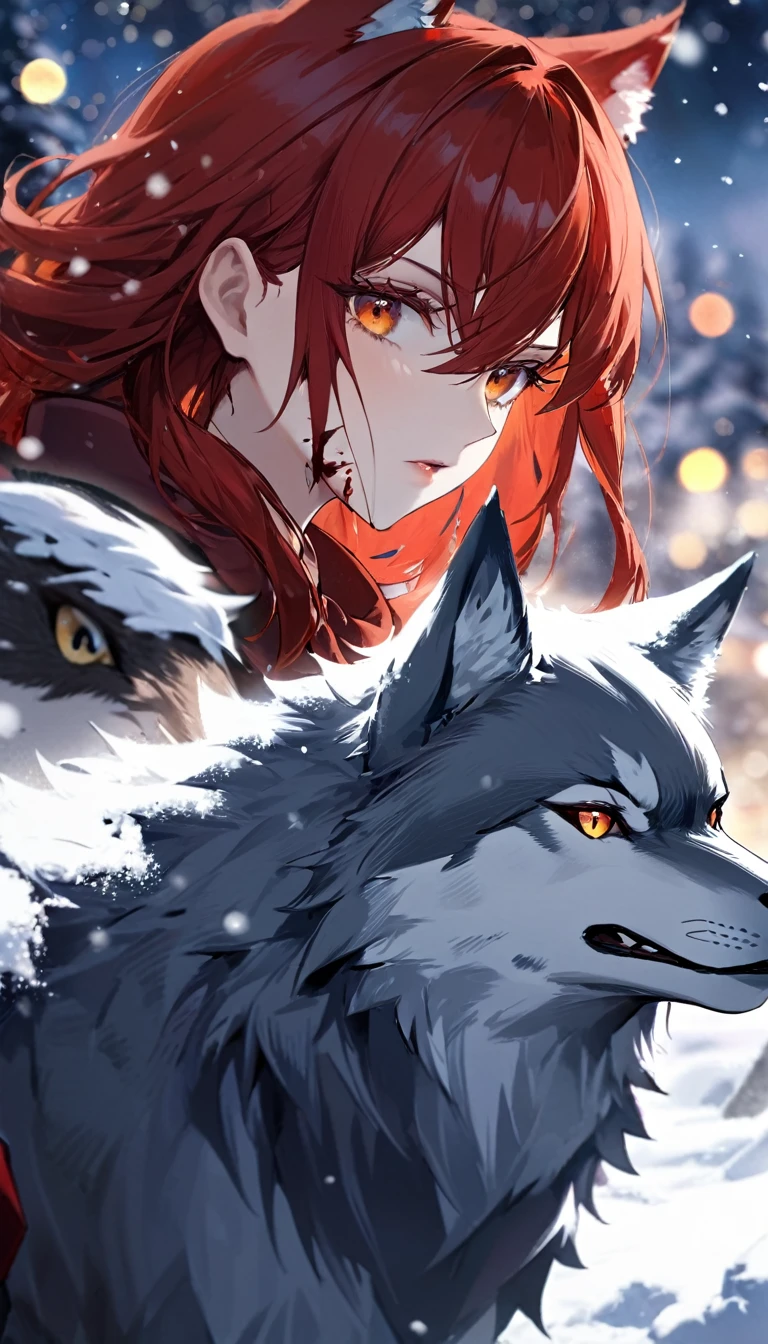 A fierce redhead warrior, Red Sonja, with her companion a huge giant wolf in a snowy landscape, blood stains on the pristine white snow (best quality, 4k, 8k, high resolution, masterpiece: 1.2), ultra detailed,,vivid colors,bokeh,portraits,concept art,dramatic lighting,cold tones,snow, ice, winter, art inspired by Bill Sienkiewicz