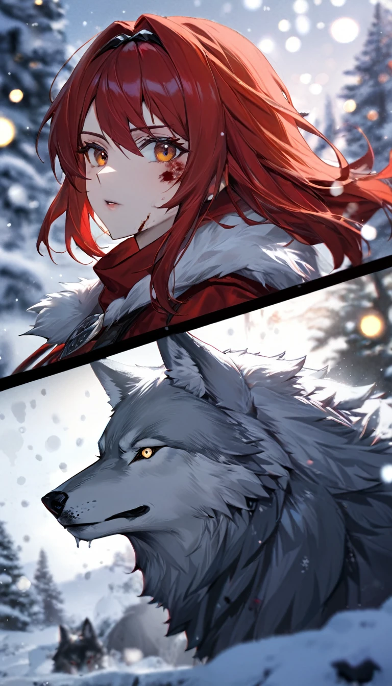 A fierce redhead warrior, Red Sonja, with her companion a huge giant wolf in a snowy landscape, blood stains on the pristine white snow (best quality, 4k, 8k, high resolution, masterpiece: 1.2), ultra detailed,,vivid colors,bokeh,portraits,concept art,dramatic lighting,cold tones,snow, ice, winter, art inspired by Bill Sienkiewicz