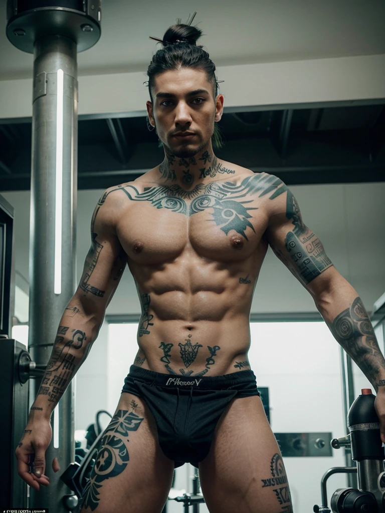 hairs: long, black, with luminous green tips.eyeballs: Navy green.Piercing: no nose.cos: Defined and athletic.feature: has several tattoos all over his body.Personalidade: Doesn't like to smile, it's sensual.