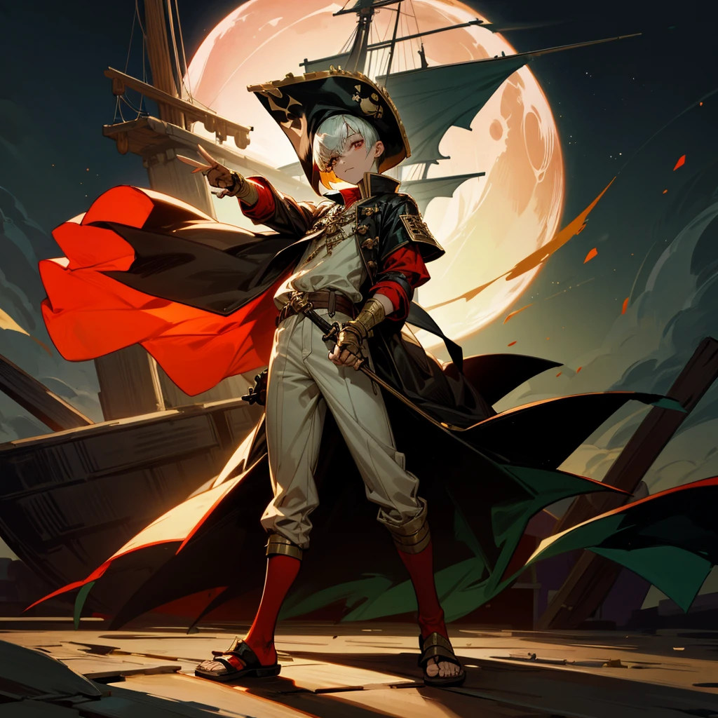 1boy, Full body version, 1character, brown eyes, albino skin, pirate eye patch, buzz cut hairstyle, green colour hair, flat facial expression, small eyes, red pirate hat, templar knight clothing, brown colour clothing, ancient Greek sandals, gold dagger knife in hand, buckler in hand, gold armor, Grassroots background in Pirate Ship, (at night), fire light burns on the ship, damaged pirate ship, moon silhouette light, moon in the sky, eyes glow red, sword glows red, lots of fire on the ship, ship fire, full background, war in ship pirate, (war gesture)