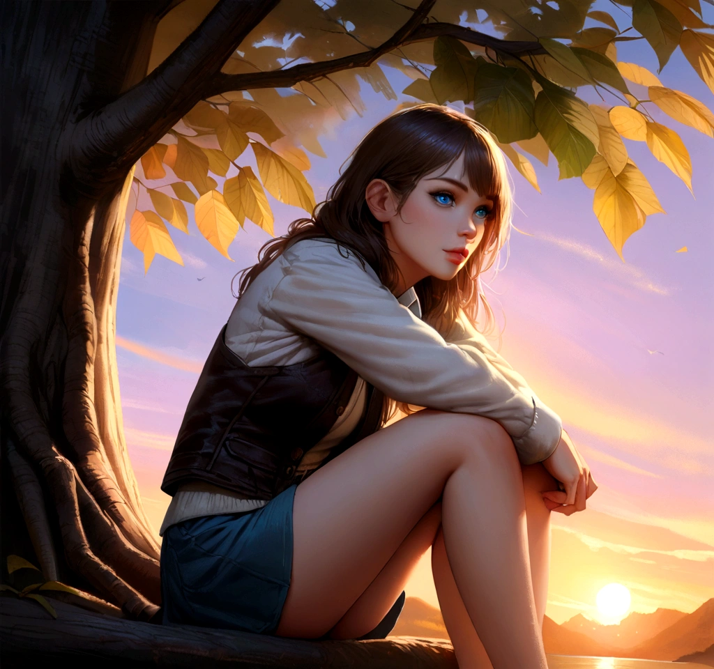 a beautiful realistic girl with short skirt with blue ultra realistic eyes , sitting under the tree watching sunset