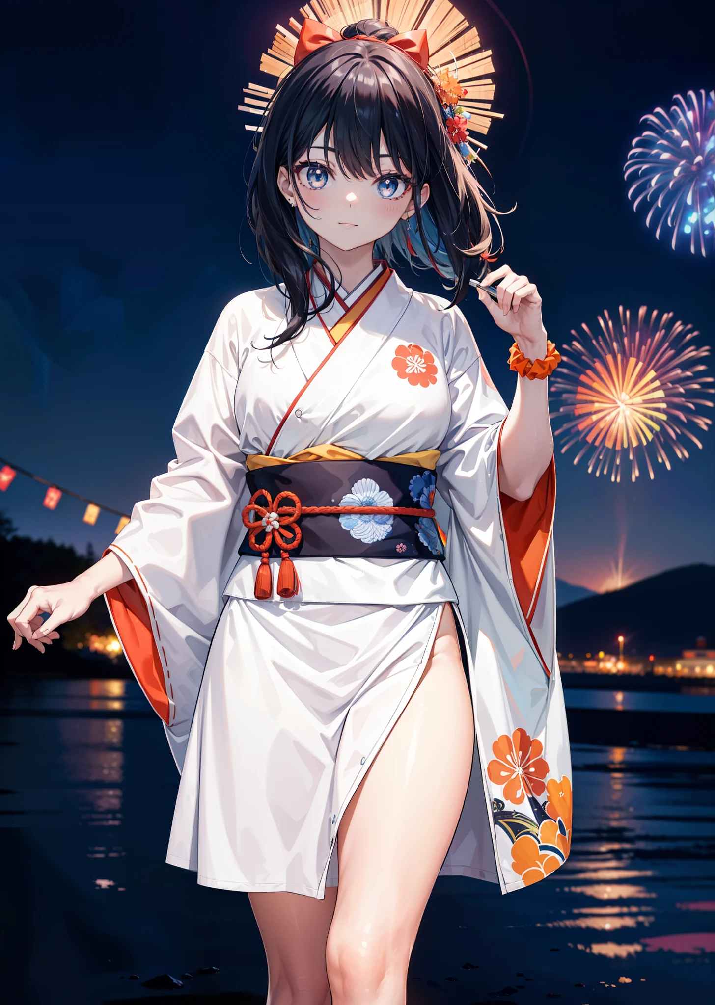 Takada Rokka, Black Hair, blue eyes, Long Hair, orange Scrunchie, Scrunchie, wrist Scrunchie, single hair band,White Kimono,Thick sleeves,Sandals,日本のfestival,夏festivalの屋台,Red lantern,happy smile, smile, Open your mouth,Fireworks,The place is a fireworks display、Time is night,Walking,whole bodyがイラストに入るように,
break outdoors, festival,
break looking at viewer, whole body,(Cowboy Shot:1. 5),
break (masterpiece:1.2), Highest quality, High resolution, unity 8k wallpaper, (shape:0.8), (Fine and beautiful eyes:1.6), Highly detailed face, Perfect lighting, Highly detailed CG, (Perfect hands, Perfect Anatomy),