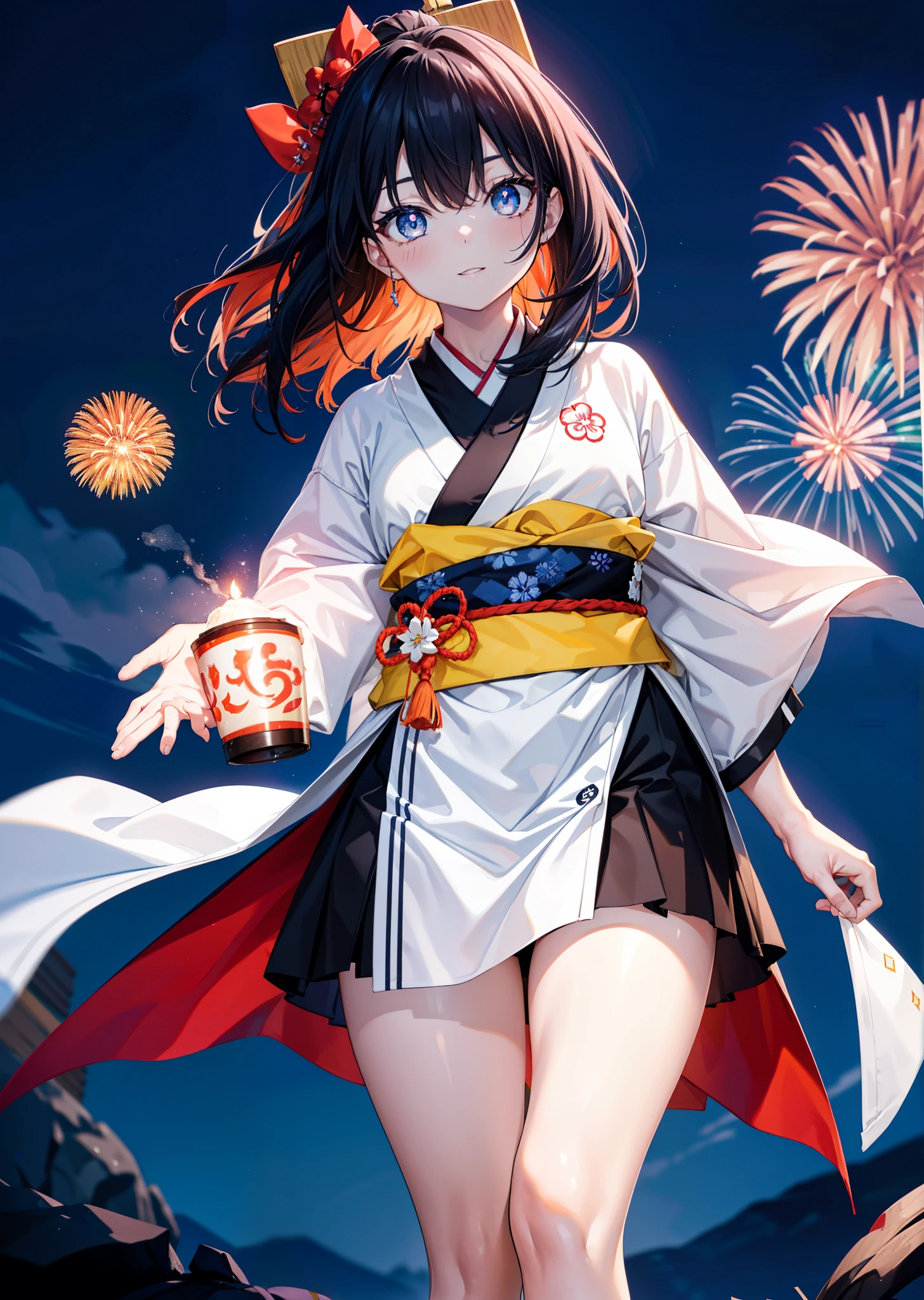 Takada Rokka, Black Hair, blue eyes, Long Hair, orange Scrunchie, Scrunchie, wrist Scrunchie, single hair band,White Kimono,Thick sleeves,Sandals,日本のfestival,夏festivalの屋台,Red lantern,happy smile, smile, Open your mouth,Fireworks,The place is a fireworks display、Time is night,Walking,whole bodyがイラストに入るように,
break outdoors, festival,
break looking at viewer, whole body,(Cowboy Shot:1. 5),
break (masterpiece:1.2), Highest quality, High resolution, unity 8k wallpaper, (shape:0.8), (Fine and beautiful eyes:1.6), Highly detailed face, Perfect lighting, Highly detailed CG, (Perfect hands, Perfect Anatomy),