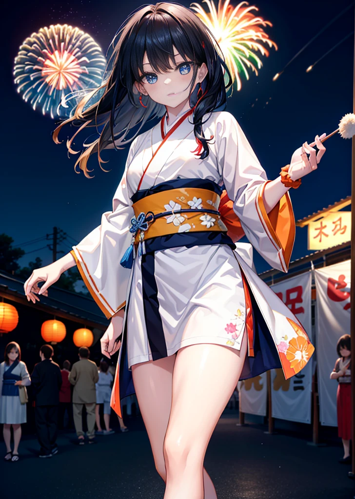 Takada Rokka, Black Hair, blue eyes, Long Hair, orange Scrunchie, Scrunchie, wrist Scrunchie, single hair band,White Kimono,Thick sleeves,Sandals,日本のfestival,夏festivalの屋台,Red lantern,happy smile, smile, Open your mouth,Fireworks,The place is a fireworks display、Time is night,Walking,whole bodyがイラストに入るように,
break outdoors, festival,
break looking at viewer, whole body,(Cowboy Shot:1. 5),
break (masterpiece:1.2), Highest quality, High resolution, unity 8k wallpaper, (shape:0.8), (Fine and beautiful eyes:1.6), Highly detailed face, Perfect lighting, Highly detailed CG, (Perfect hands, Perfect Anatomy),