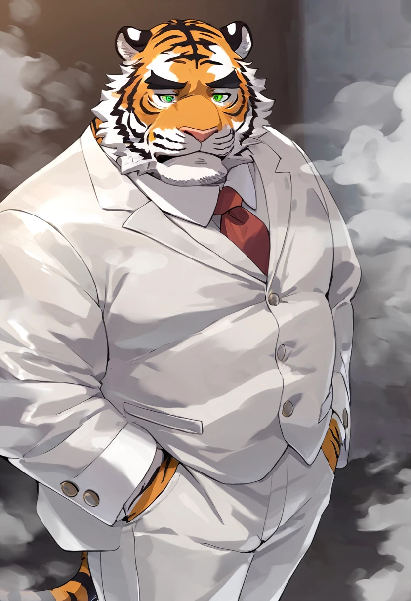 Tiger，personification，Mature male，Bad Uncle，A frivolous drinker，Cold expression，Green pupils，Black eyebrows，White suit suit，Hands in pockets，The Age of Steam，Lively bar。