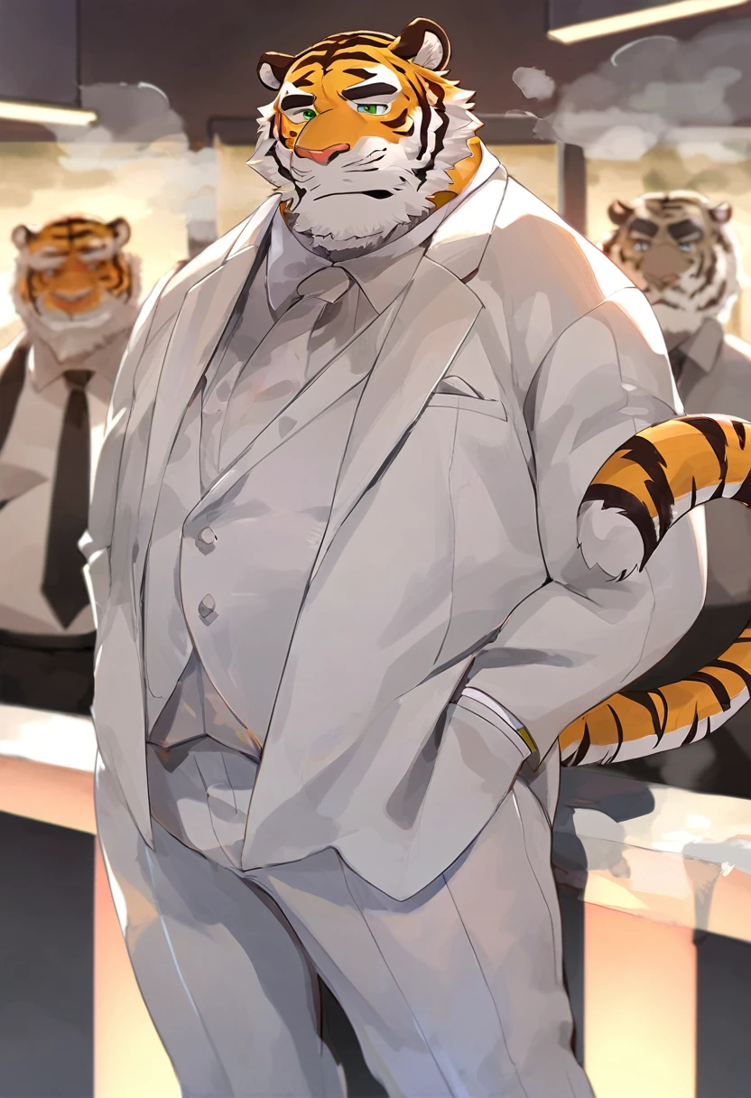 Tiger,personification,Mature male,Bad Uncle,A frivolous drinker,Cold expression,Green pupils,Black eyebrows,White suit suit,Hands in pockets,The Age of Steam,Lively bar。