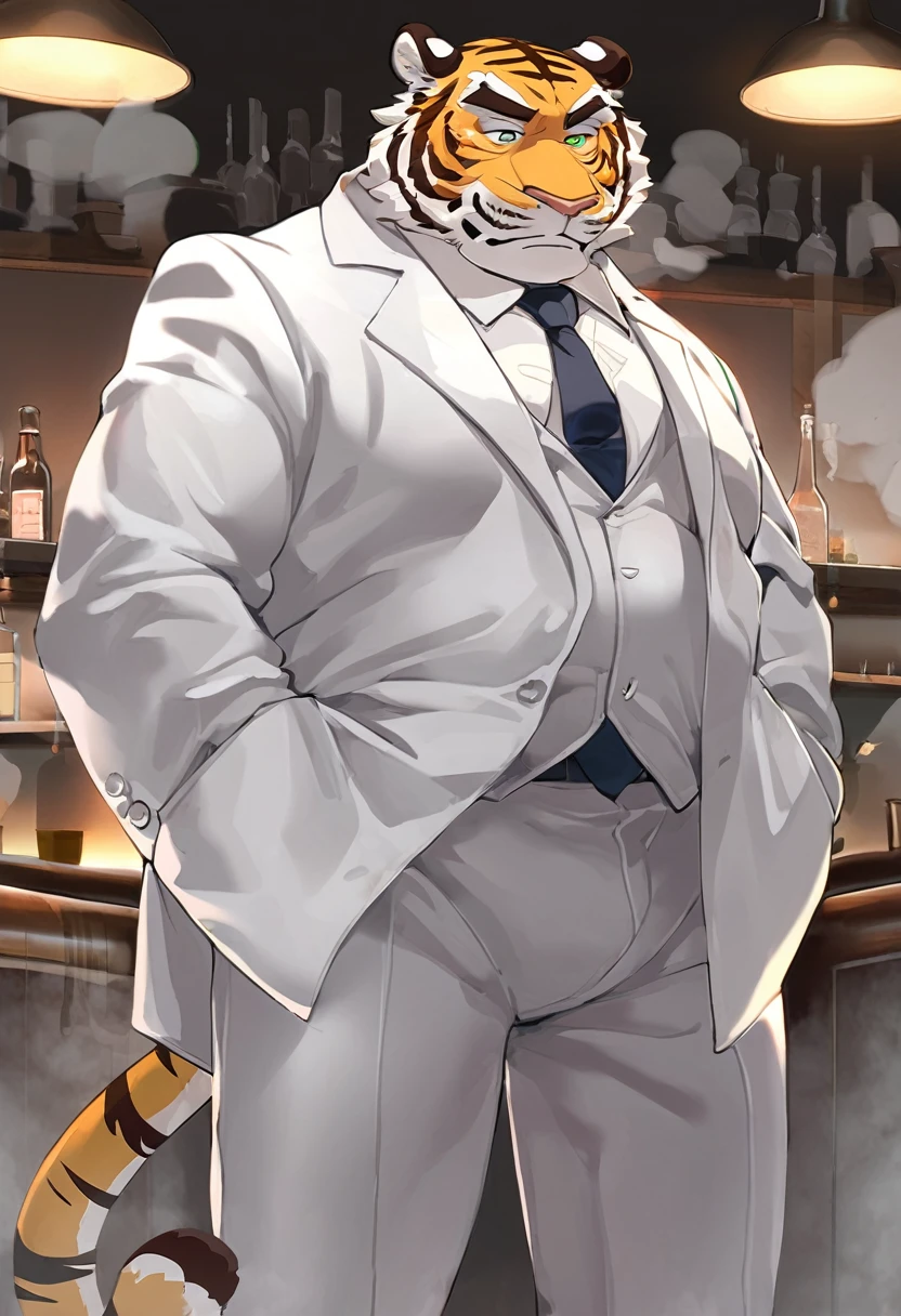 Tiger,personification,Mature male,Bad Uncle,A frivolous drinker,Cold expression,Green pupils,Black eyebrows,White suit suit,Hands in pockets,The Age of Steam,Lively bar。