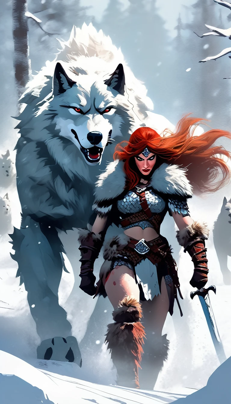A fierce redhead warrior, Red Sonja, with her companion a huge giant wolf in a snowy landscape, blood stains on the pristine white snow (best quality, 4k, 8k, high resolution, masterpiece: 1.2), ultra detailed,,vivid colors,bokeh,portraits,concept art,dramatic lighting,cold tones,snow, ice, winter, art inspired by Bill Sienkiewicz