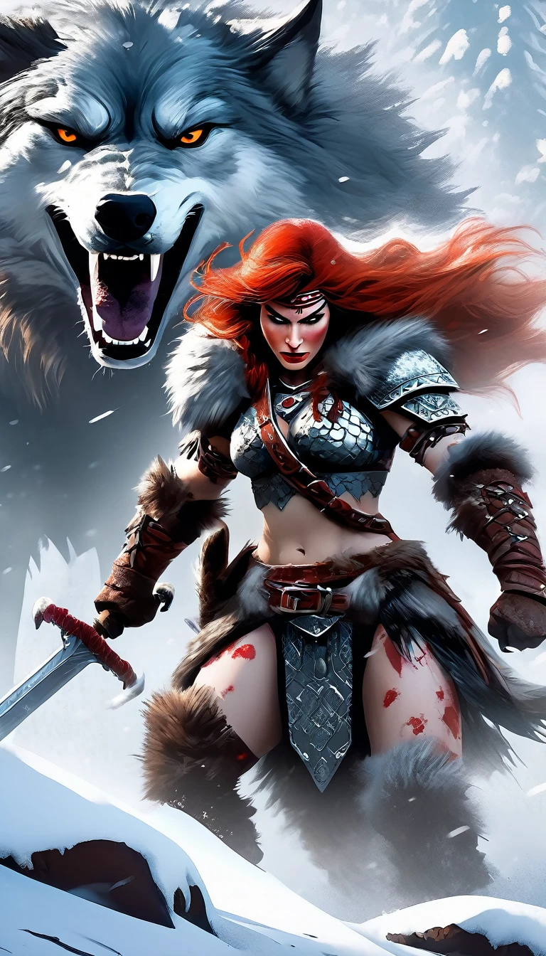 A fierce redhead warrior, Red Sonja, with her companion a huge giant wolf in a snowy landscape, blood stains on the pristine white snow (best quality, 4k, 8k, high resolution, masterpiece: 1.2), ultra detailed,,vivid colors,bokeh,portraits,concept art,dramatic lighting,cold tones,snow, ice, winter, art inspired by Bill Sienkiewicz
