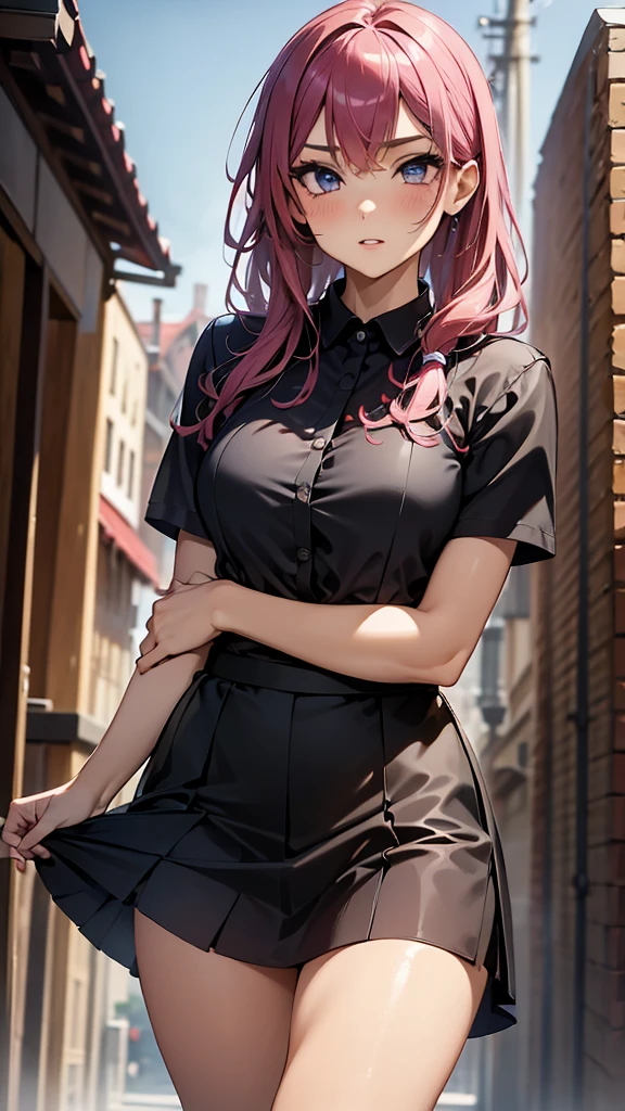 a masterpiece, best quality, highres, absurdres, 1girl, crowd, skirt, wind blowing skirt up, laced underwear, pink hair, gasai yuno, from below, revealing clothes, skindentation, outdoors, sunlight, street, looking at viewer, blush, detailed face, beautiful detailed eyes, beautiful detailed lips, extremely detailed face, long eyelashes, cinematic lighting, depth of field, volumetric lighting, photorealistic, digital painting, concept art, vibrant colors, dynamic pose