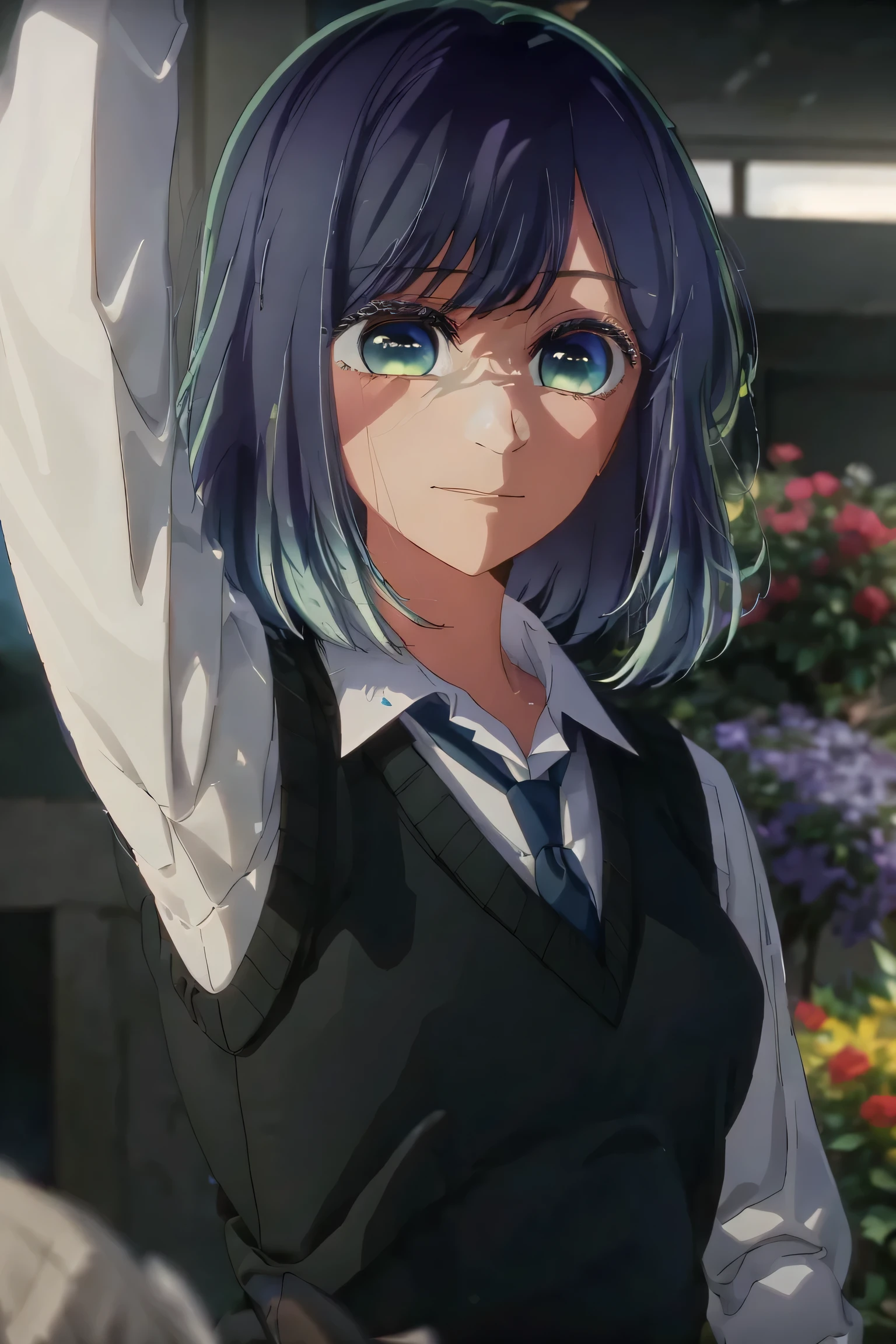 best quality, masterpiece, 1 girl, alone, detailed eyes, calm expression, reassured, tie, shirt, blue tie, blue hair, white shirt, long sleeves, looking at viewer, medium hair, collared shirt, vest, indoors , , bangs, vest, closed mouth, smile, green eyes, multicolored hair, black vest, short hair, faded hair, blue eyes, skirt, sunset, in a flower park, open park