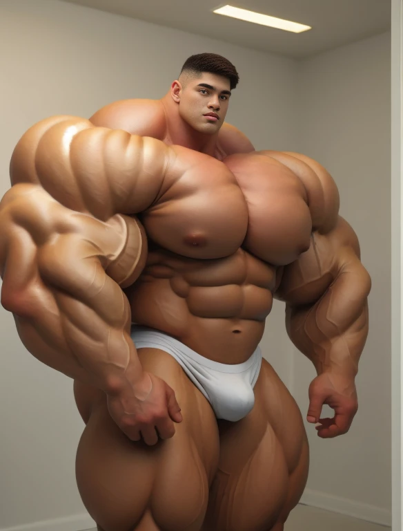 1boy, giant, alone, giant bodybuilder, illuminating light, strong body, bulk, large size, relax, standing in white room photo studio, indoor, nude, white triangular underwear, thick bulge, scratch his bulge, extraordinary big, brutalmass, giant muscular body, bulk, buff, massive body, large meaty body size, extremely wide body, sideshot