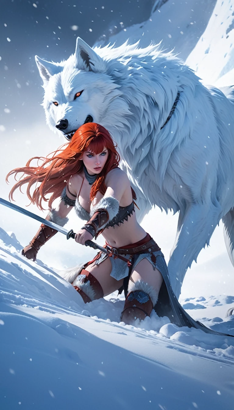 A fierce redhead warrior, Red Sonja, with her companion a huge giant wolf in a snowy landscape, blood stains on the pristine white snow (best quality, 4k, 8k, high resolution, masterpiece: 1.2), ultra detailed,,vivid colors,bokeh,portraits,concept art,dramatic lighting,cold tones,snow, ice, winter, art inspired by Bill Sienkiewicz
