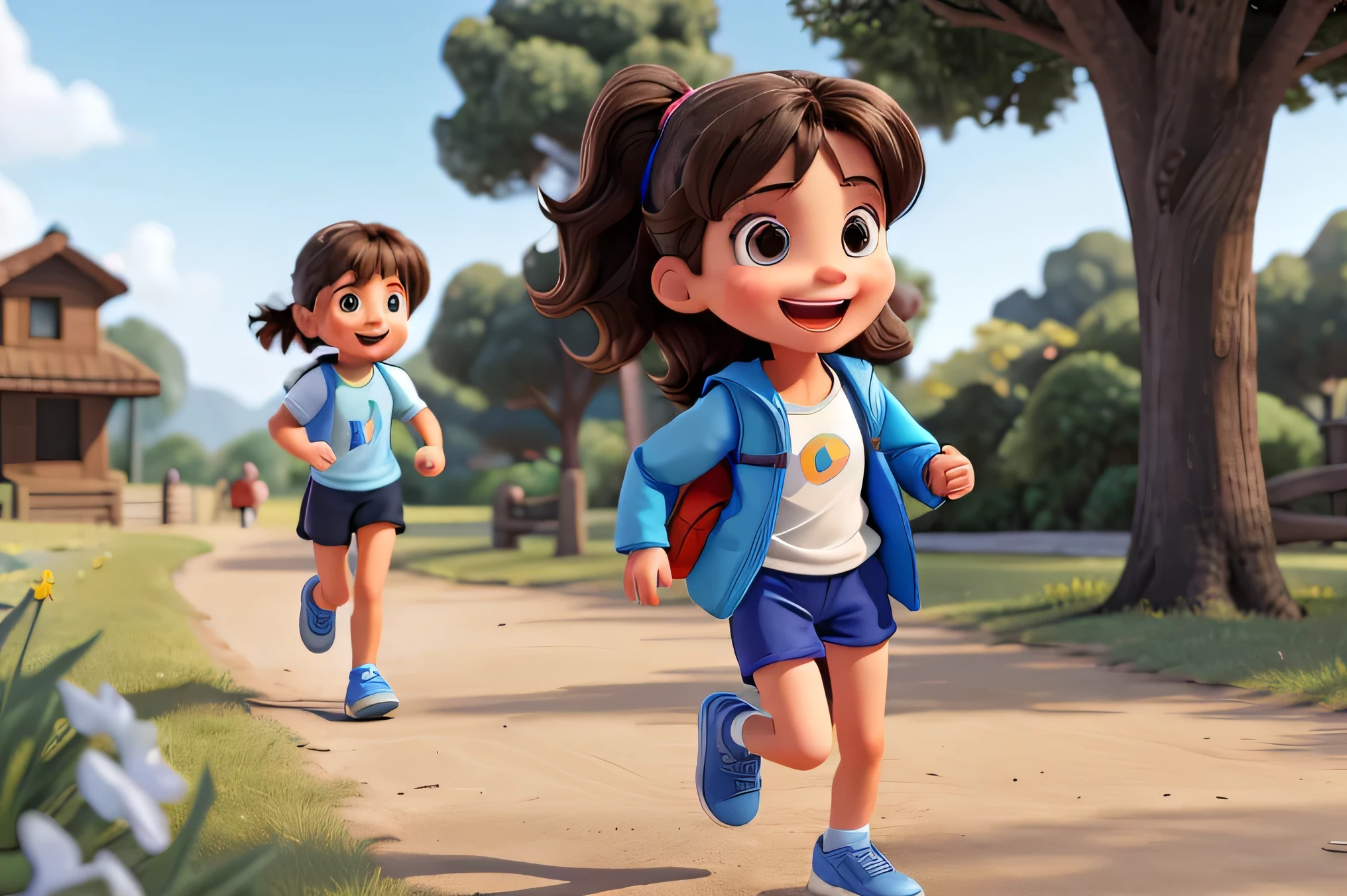 DRINKS 4-year-old BRUNETTE WOMAN running FAST, smiling with open mouth in blue shorts , white shirt,dark blue long sleeve coat and black sneakers, with backpack on his back