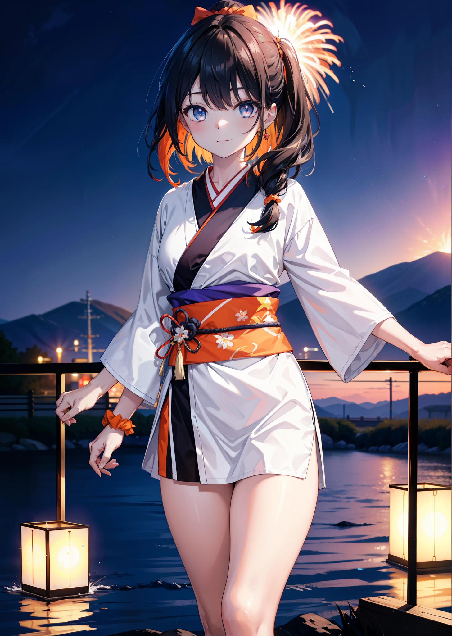 Takada Rokka, Black Hair, blue eyes, Long Hair, orange Scrunchie, Scrunchie, wrist Scrunchie, single hair band,White Kimono,Thick sleeves,Sandals,日本のfestival,夏festivalの屋台,Red lantern,happy smile, smile, Open your mouth,Fireworks,The place is a fireworks display、Time is night,Walking,whole bodyがイラストに入るように,
break outdoors, festival,
break looking at viewer, whole body,(Cowboy Shot:1. 5),
break (masterpiece:1.2), Highest quality, High resolution, unity 8k wallpaper, (shape:0.8), (Fine and beautiful eyes:1.6), Highly detailed face, Perfect lighting, Highly detailed CG, (Perfect hands, Perfect Anatomy),