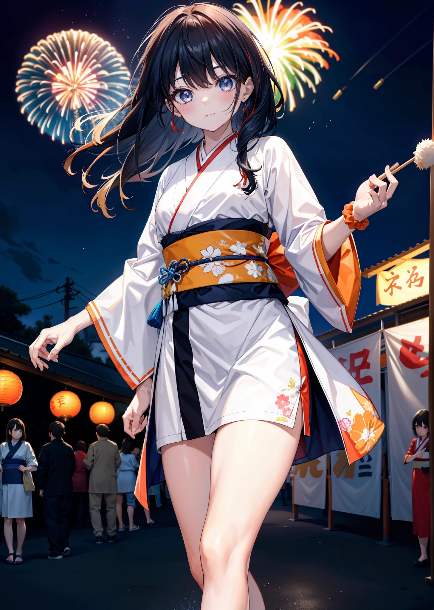 Takada Rokka, Black Hair, blue eyes, Long Hair, orange Scrunchie, Scrunchie, wrist Scrunchie, single hair band,White Kimono,Thick sleeves,Sandals,日本のfestival,夏festivalの屋台,Red lantern,happy smile, smile, Open your mouth,Fireworks,The place is a fireworks display、Time is night,Walking,whole bodyがイラストに入るように,
break outdoors, festival,
break looking at viewer, whole body,(Cowboy Shot:1. 5),
break (masterpiece:1.2), Highest quality, High resolution, unity 8k wallpaper, (shape:0.8), (Fine and beautiful eyes:1.6), Highly detailed face, Perfect lighting, Highly detailed CG, (Perfect hands, Perfect Anatomy),