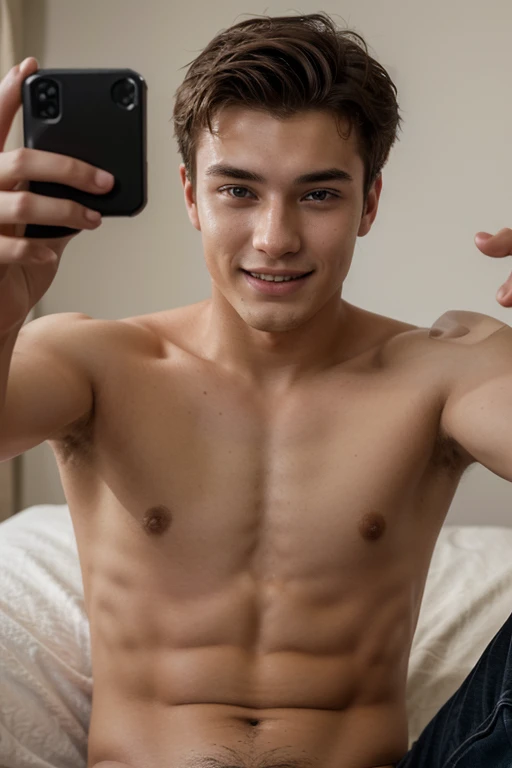 A photorealistic portrait of a 20-year-old man. His expression should be natural and inviting. His body is in good shape. He is a young model and actor with a photogenic smile doing a selfie.