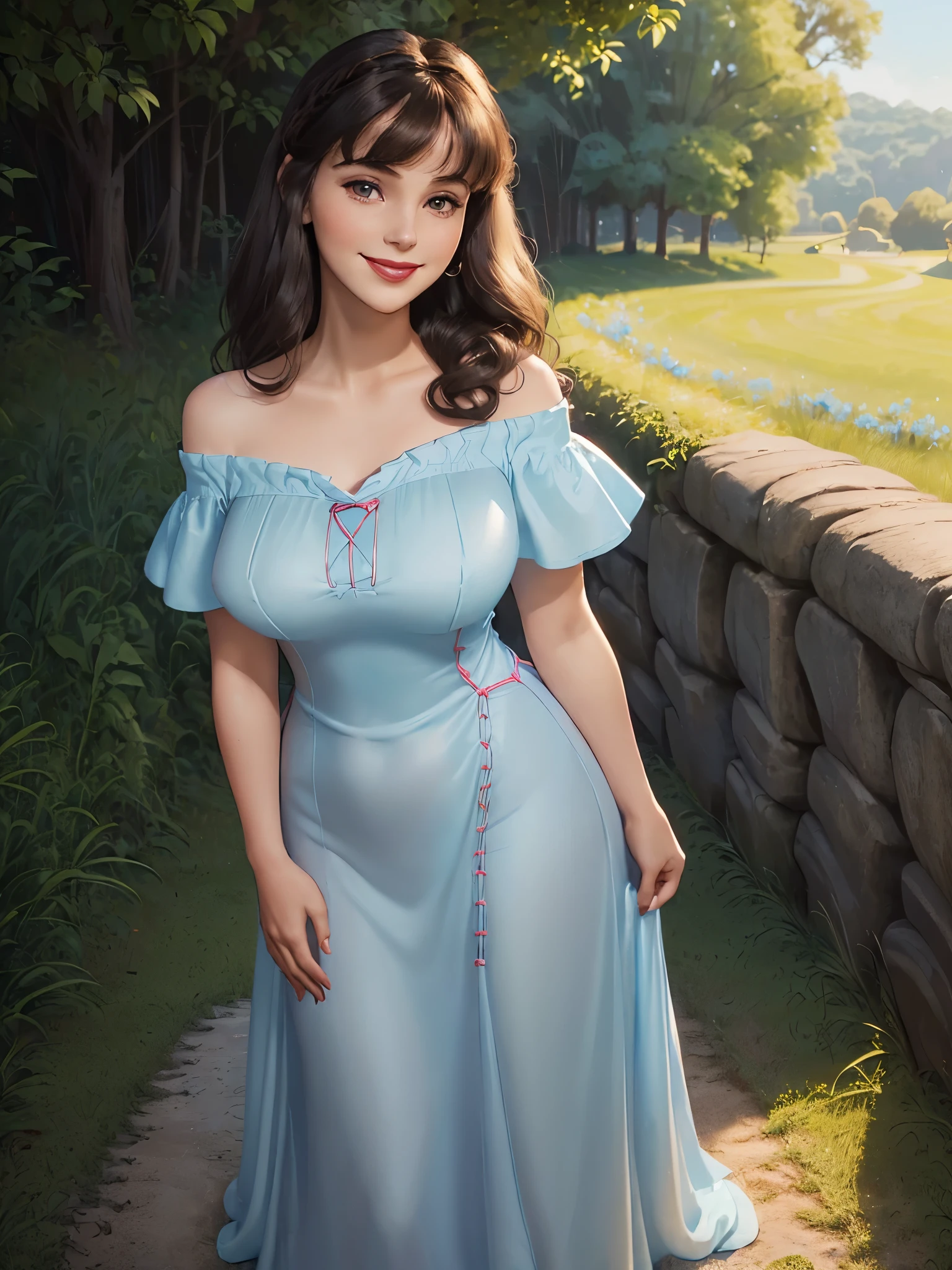(((1 girl))) DisneyAurora, 27 years old, full body view Beautiful woman (((shoulder length wavy brunette hair, two side up with bangs))) defined body, voluptuous, sexy, Red lipstick, hands free, (((mouth slightly open, smiling))) (((standing facing camera))) ((( short sleeve, pale blue nightgown ))), in a sunlit grassy field (large_breasts:1.2) (curvy:1.1)(chubby:0.9)