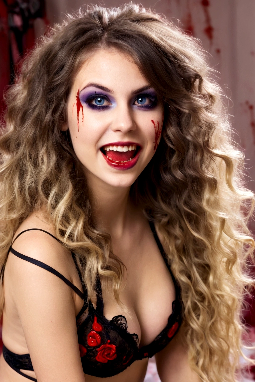  (age 25) a psychotic psyco ex girlfriend  (crazy makeup, long messy hair, strappy tattered lingerie, jagged tools), curved perfect lips, smile perfect teeth showing, vibrant enlarged sapphire crazy eyes, blood spattered bedroom, blood splattered over body, bood splattered on lingerie, 