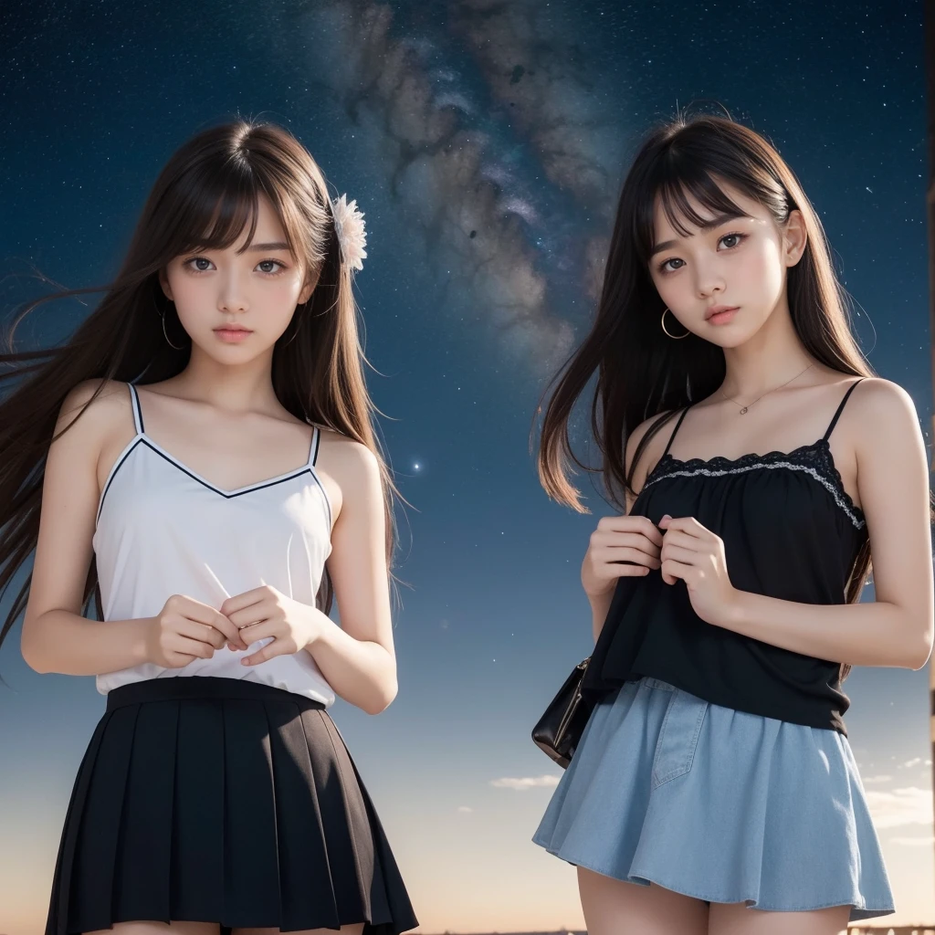 Beautiful images、universe、Fantasy、Shooting start or swarm、Teenage Girl、black eye、Hair length、Starry Sky、Japanese、high school girl、camisole、Fluttering mini skirt、