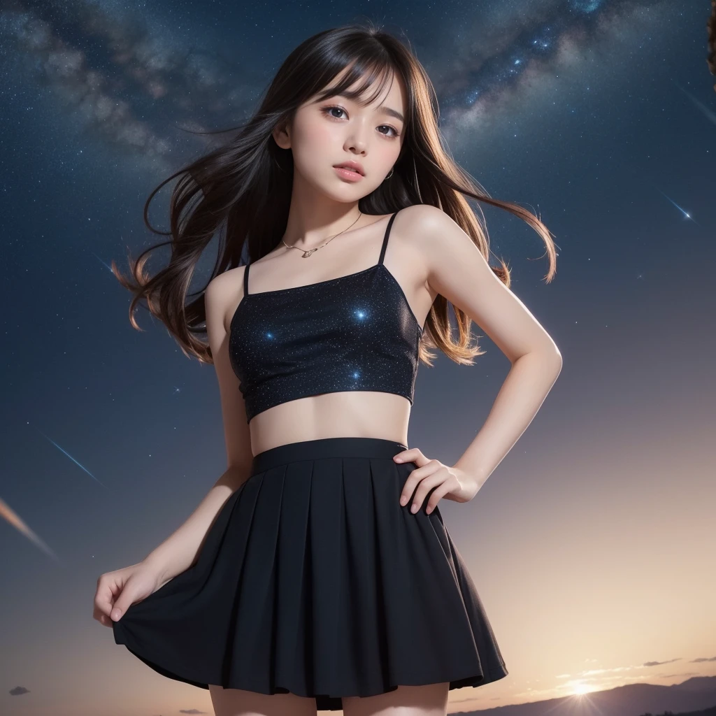 Beautiful images、universe、Fantasy、Shooting start or swarm、 Girl、black eye、Hair length、Starry Sky、Japanese、high school girl、camisole、Fluttering mini skirt、