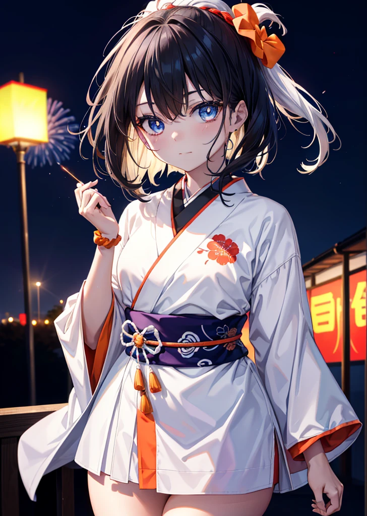 Takada Rokka, Black Hair, blue eyes, Long Hair, orange Scrunchie, Scrunchie, wrist Scrunchie, single hair band,White Kimono,Long skirt,Thick sleeves,日本のfestival,夏festivalの屋台,Red lantern,happy smile, smile, Open your mouth,Fireworks,The place is a fireworks display、Time is night,Walking,whole bodyがイラストに入るように,
break outdoors, festival,
break looking at viewer, whole body,(Cowboy Shot:1. 5),
break (masterpiece:1.2), Highest quality, High resolution, unity 8k wallpaper, (shape:0.8), (Fine and beautiful eyes:1.6), Highly detailed face, Perfect lighting, Highly detailed CG, (Perfect hands, Perfect Anatomy),