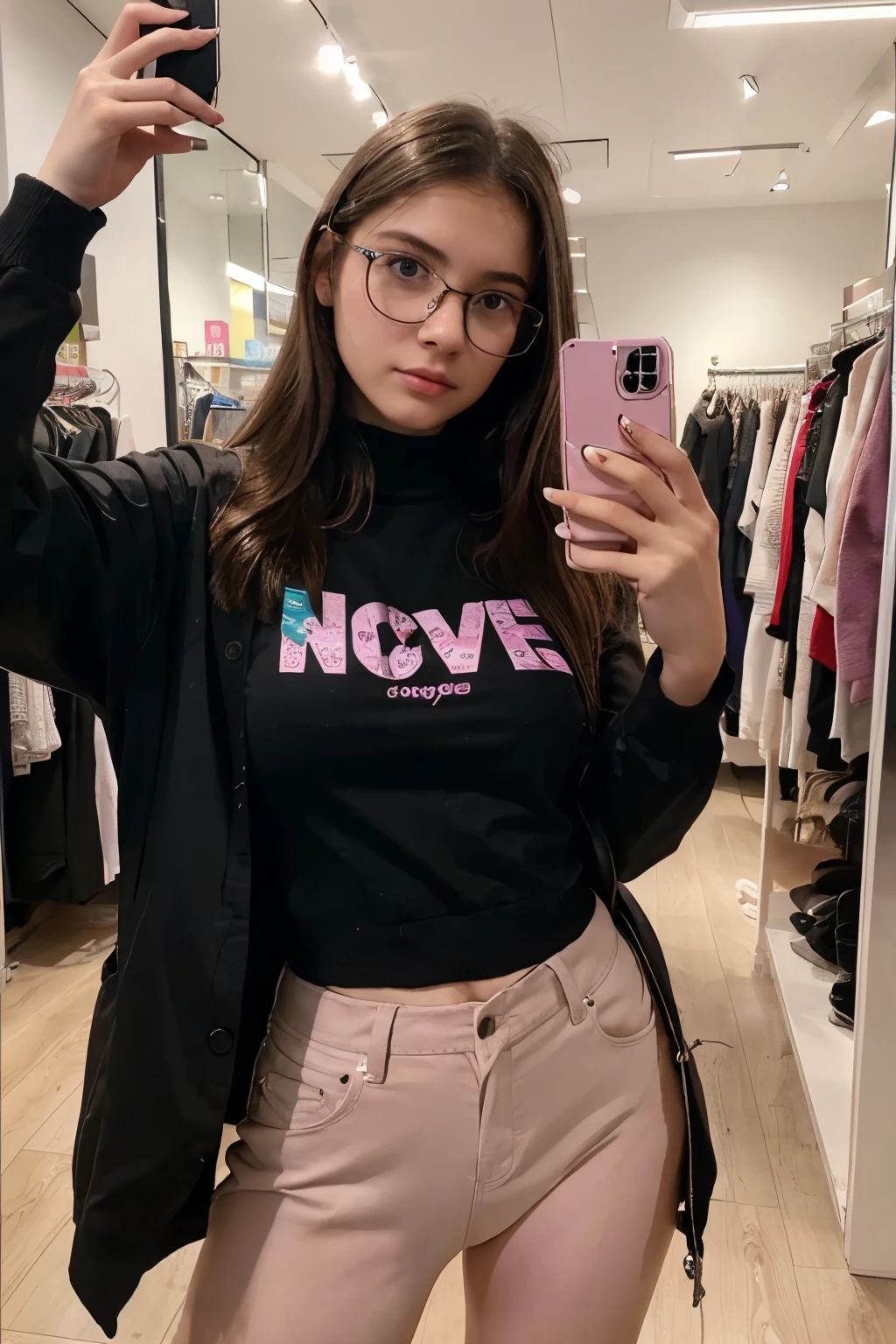 there is a woman taking a selfie in a store, iphone selfie, selfie of a young woman, 🤬 🤮 💕 🎀, 18 years old, girl with glasses, mirror selfie, 8k selfie photograph, wearing square glasses, girl wearing round glasses, shot on iphone 1 3 pro max, portait photo profile picture, !!wearing modern glasses!!