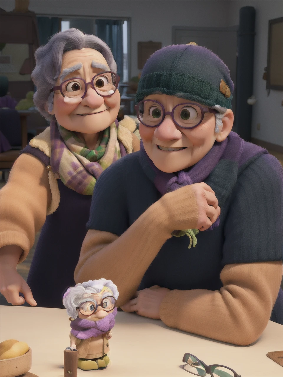 masterpiece, best quality, an old woman with glasses and a scarf on, wearing a purple coat and green scarf, standing at the park